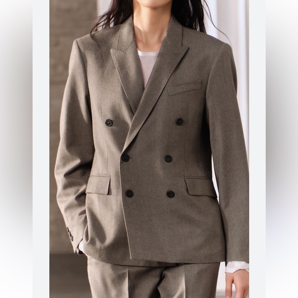 Zara Taupe Gray Double Breasted Wool Blazer Coat ZW Collection NWT - Picture 6 of 16